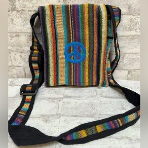 Knit rainbow peace sign embroidered flip crossbody messenger bag satchel‎